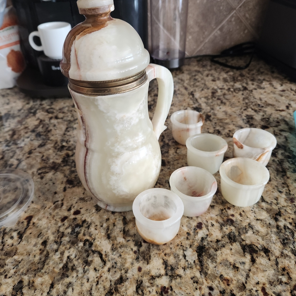 Elegant Cream and Brown Coffee Carafe Set with Six Cups